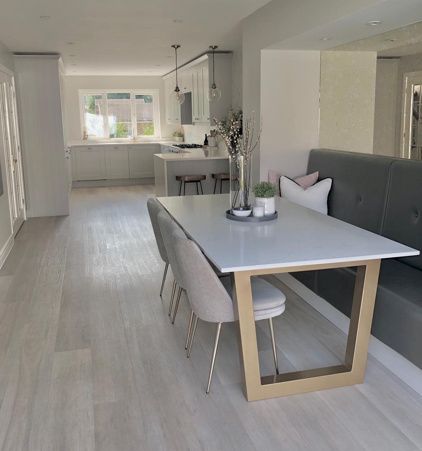 Kitchen Dining Table Decor Ideas bella_valley_home open kitchen dining room bench seat gold accent table vinyl floor